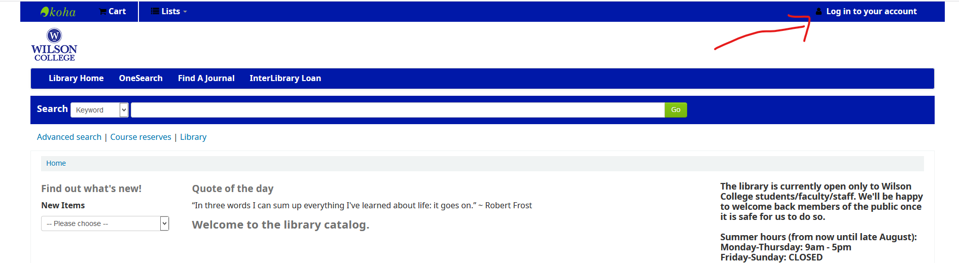 Screenshot of Wilson College library OPAC (Koha), with red arrow pointing to login area